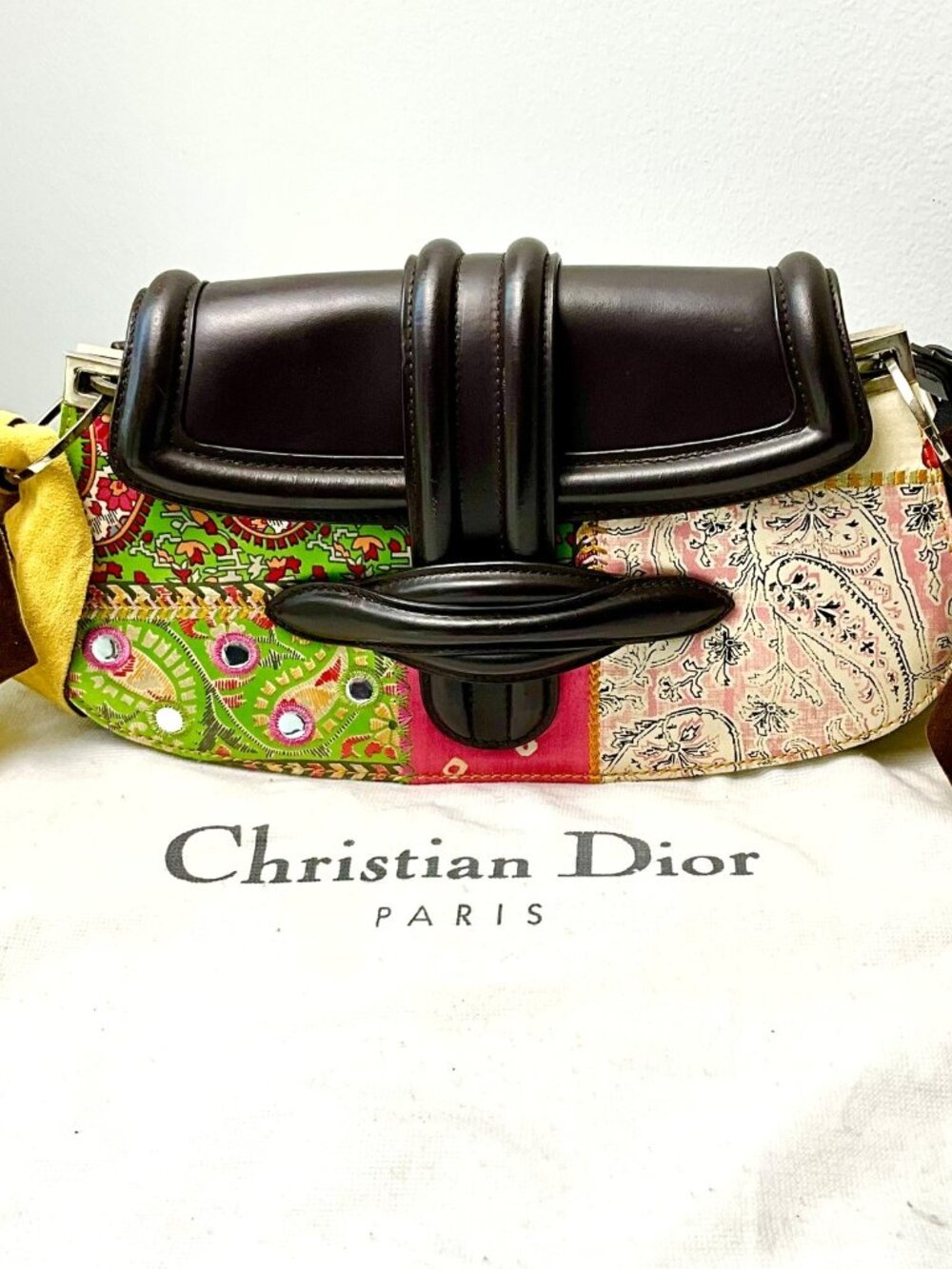 Christian Dior RareVintage Patchwork Paisley Canvas & Brown Leather Shoulder Bag